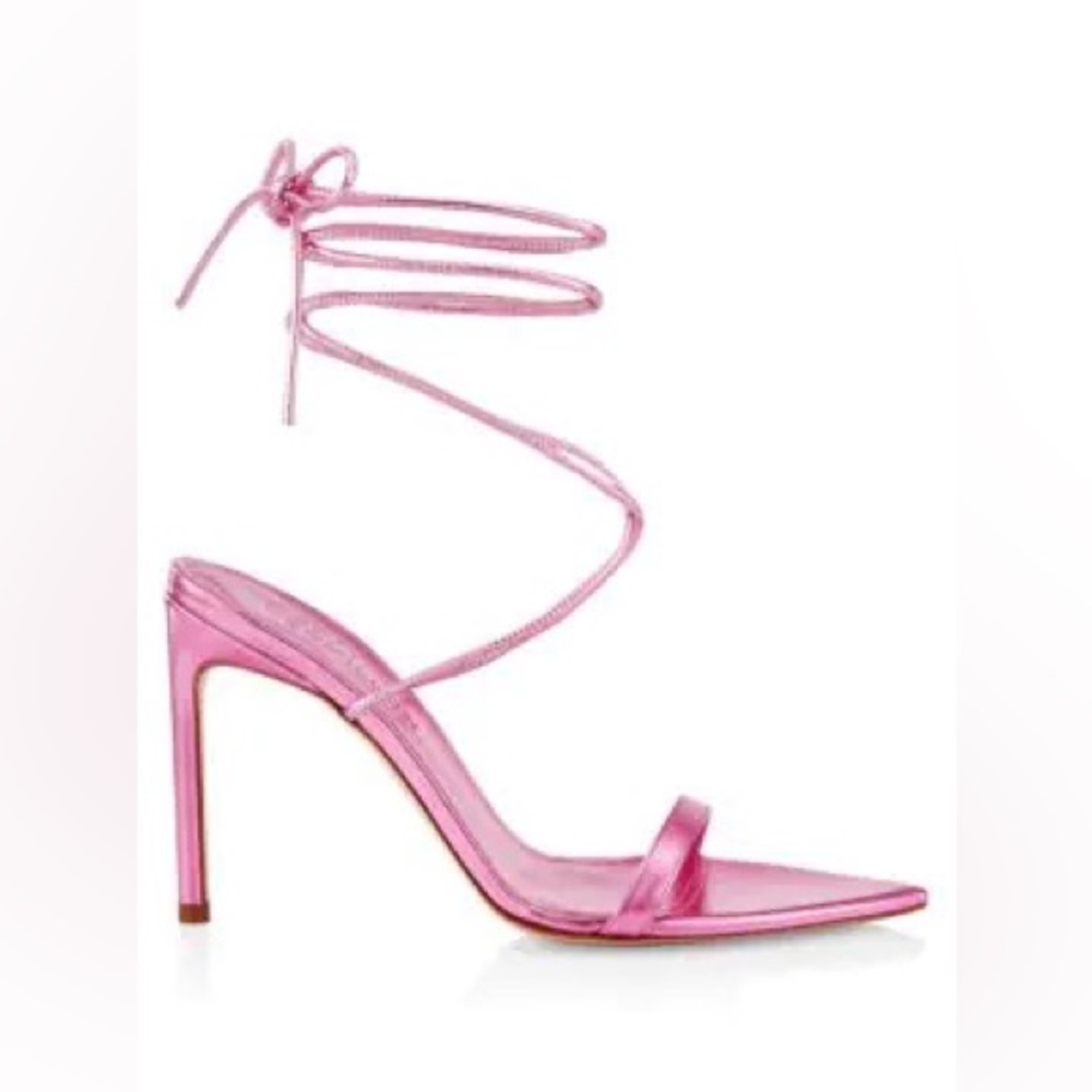 Bettina Vermillon Isabela Sandal size 38 EUC Pink Mettalic Heel Lace Up Tie
